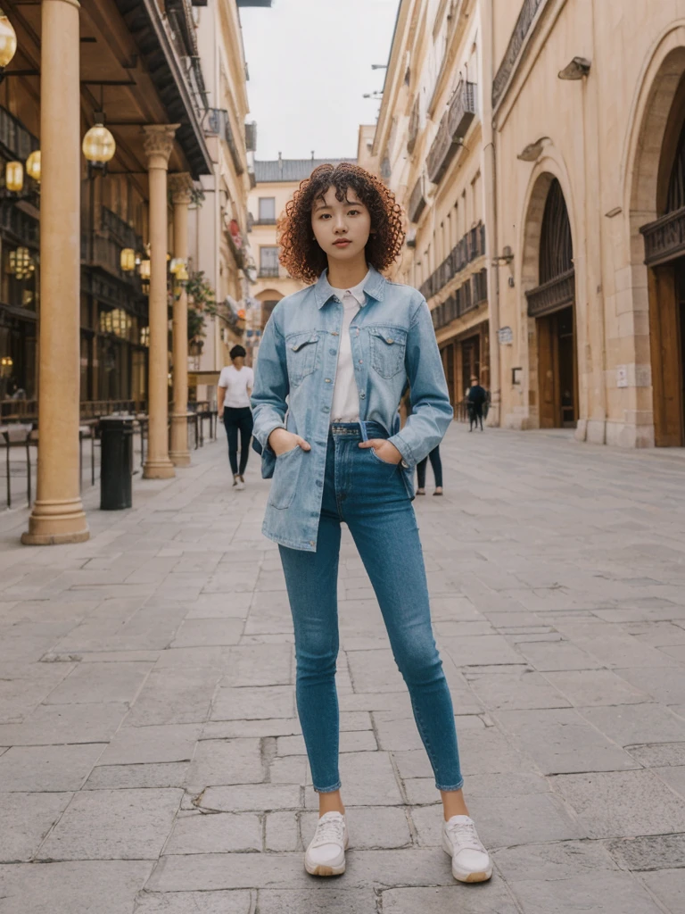 her name is Asako, high quality, 1girl, ((20-year-old fit Caucasian woman)), ((20 years old)), ((slim)), ((Korean Perm)), pose: standing, wearing aesthetic Generation-Z modern wear different colored, BACKGROUND: "In the Plaza Mayor, surrounded by grand arcaded buildings and vibrant street performers."