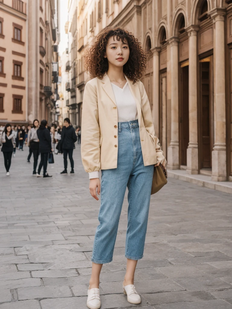 her name is Asako, high quality, 1girl, ((20-year-old fit Caucasian woman)), ((20 years old)), ((slim)), ((Korean Perm)), pose: standing, wearing aesthetic Generation-Z modern wear different colored, BACKGROUND: "In the Plaza Mayor, surrounded by grand arcaded buildings and vibrant street performers."