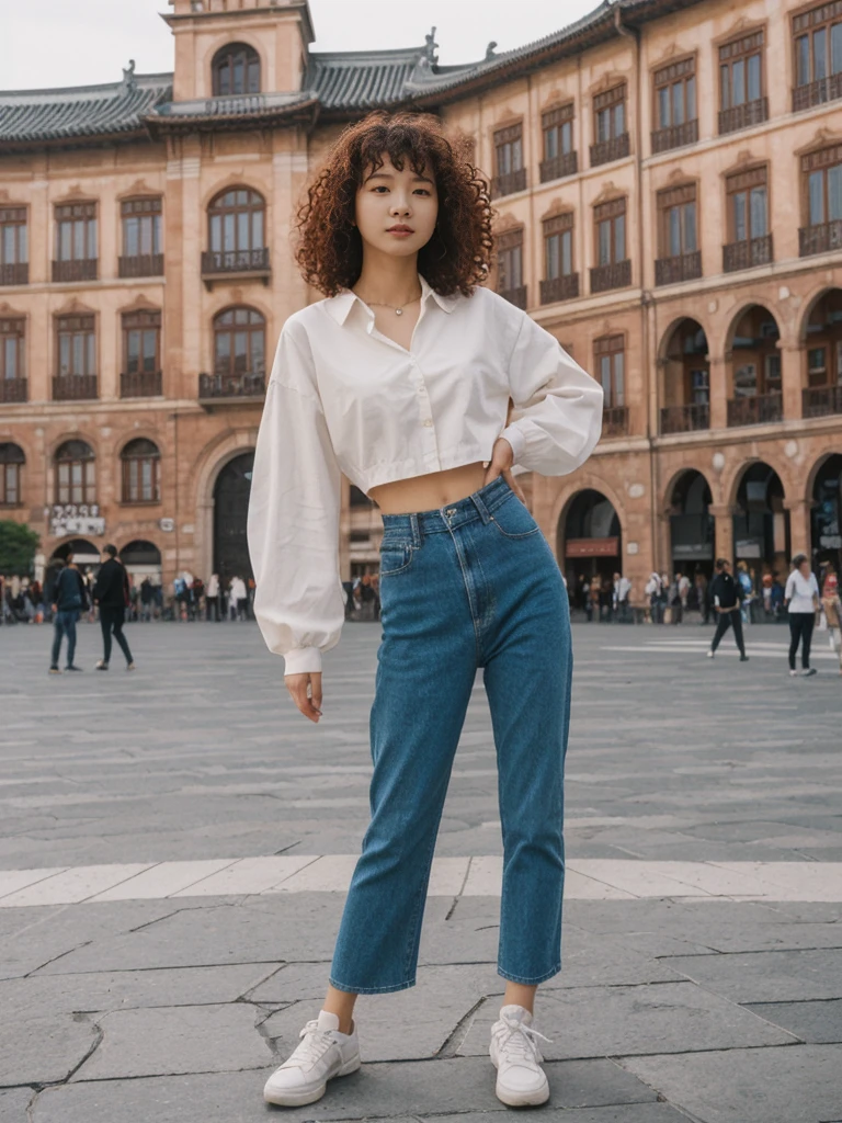 her name is Asako, high quality, 1girl, ((20-year-old fit Caucasian woman)), ((20 years old)), ((slim)), ((Korean Perm)), pose: standing, wearing aesthetic Generation-Z modern wear different colored, BACKGROUND: "In the Plaza Mayor, surrounded by grand arcaded buildings and vibrant street performers."