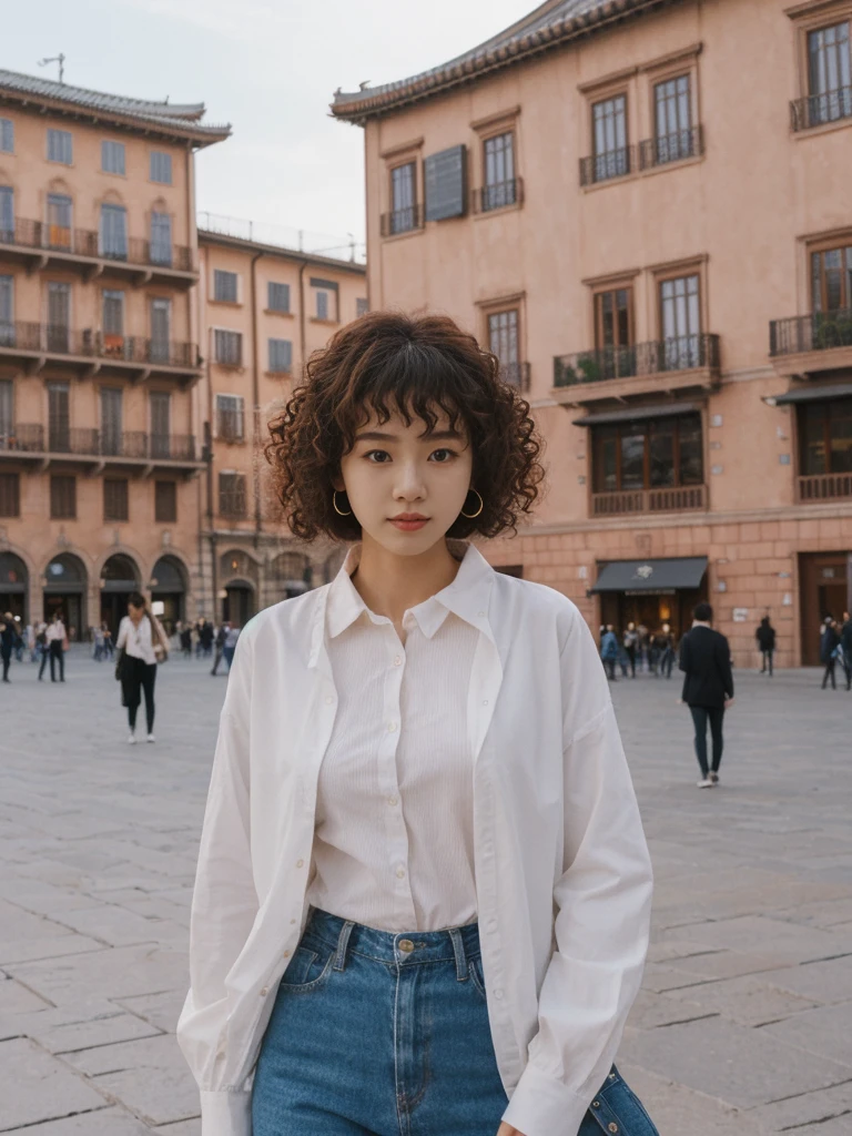 her name is Asako, high quality, 1girl, ((20-year-old fit Caucasian woman)), ((20 years old)), ((slim)), ((Korean Perm)), pose: standing, wearing aesthetic Generation-Z modern wear different colored, BACKGROUND: "In the Plaza Mayor, surrounded by grand arcaded buildings and vibrant street performers."