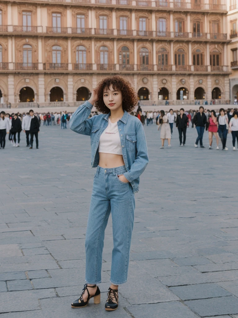 her name is Asako, high quality, 1girl, ((20-year-old fit Caucasian woman)), ((20 years old)), ((slim)), ((Korean Perm)), pose: standing, wearing aesthetic Generation-Z modern wear different colored, BACKGROUND: "In the Plaza Mayor, surrounded by grand arcaded buildings and vibrant street performers."