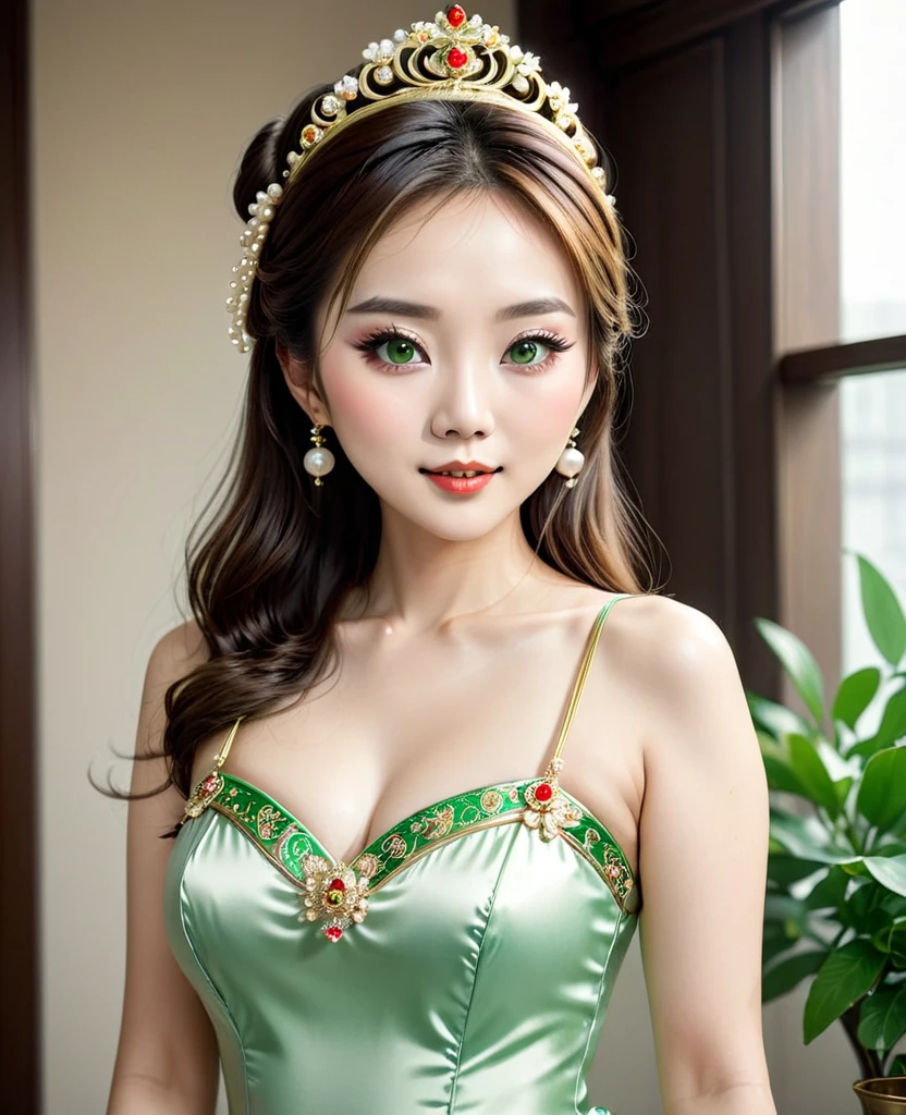 There is a woman wearing a Chinese dress, 27 years old, 28 years old, 29-year-old, 32 years old, Delicate makeup, Ye Wen, 23 years old, Round face, Cute Liane, Gold Tiara, Pearl Necklace, Brown Hair,Green eyes,Jade hairpin,Black color Micro pantie