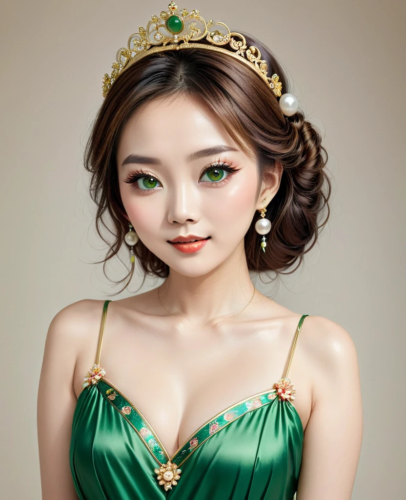 There is a woman wearing a Chinese dress, 27 years old, 28 years old, 29-year-old, 32 years old, Delicate makeup, Ye Wen, 23 years old, Round face, Cute Liane, Gold Tiara, Pearl Necklace, Brown Hair,Green eyes,Jade hairpin,Black color Micro pantie