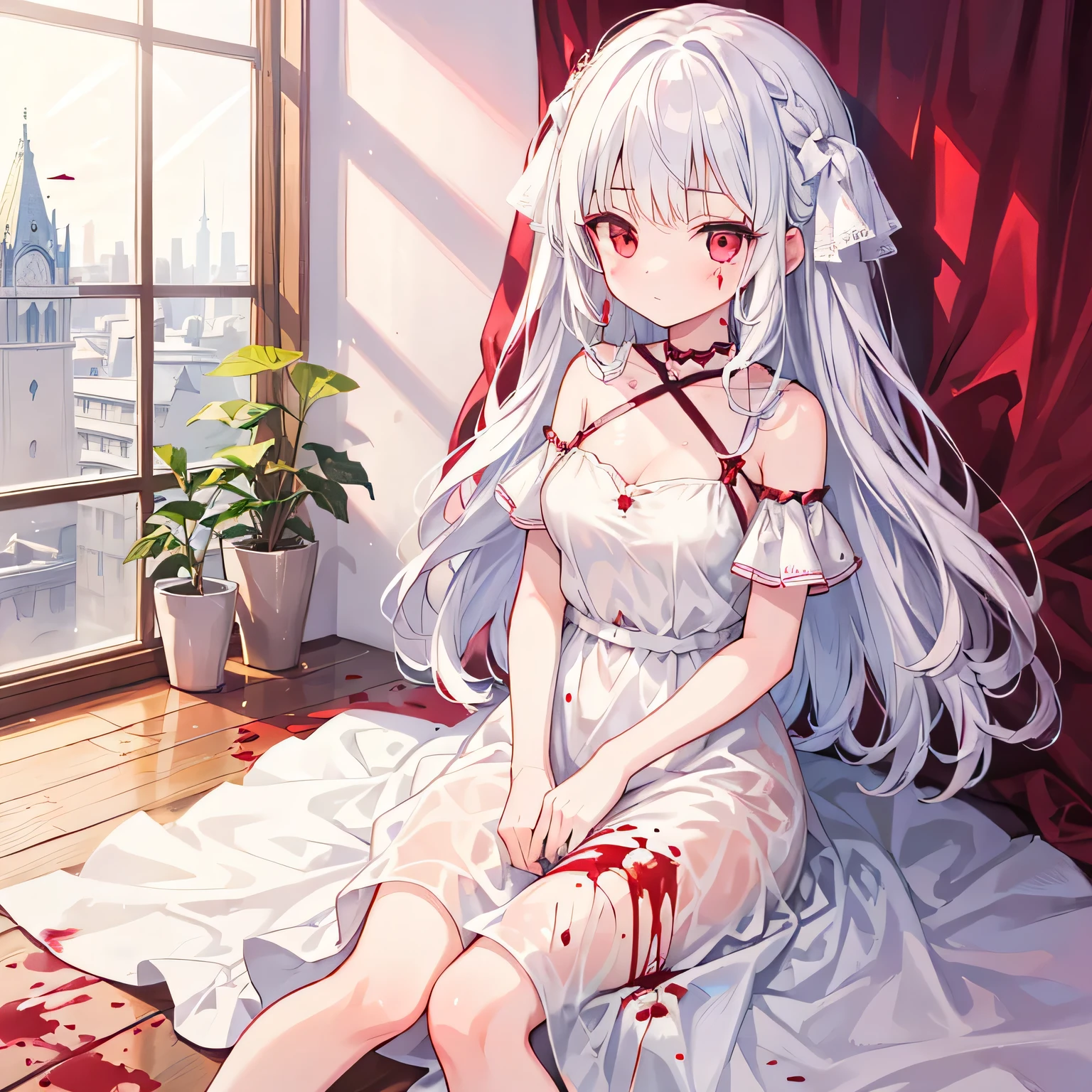 best quality，16-year-old girl with long white hair and red eyes，White Dress，There was blood on his body，Blood Clan，madman，enjoy