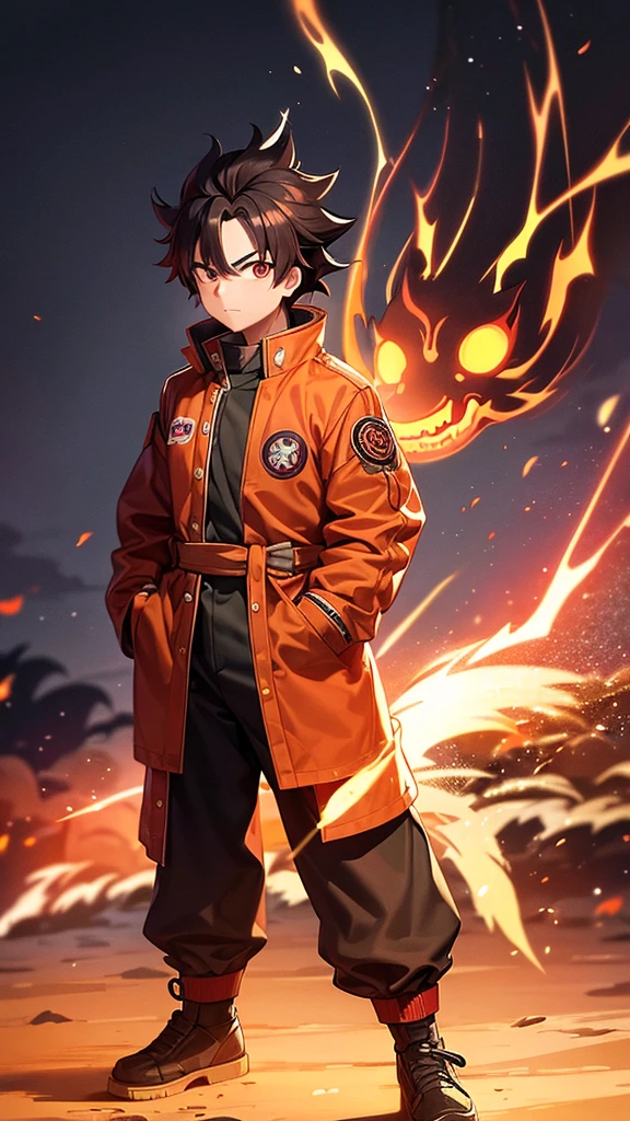 Male, Rengoku clan, wearing pilot goggles and barnstormer jacket with flame design, light stubble on chin, standing at attention, hands in pockets, fully in frame, full body shot, facing viewer, lone figure, sole person, Demon Slayer style