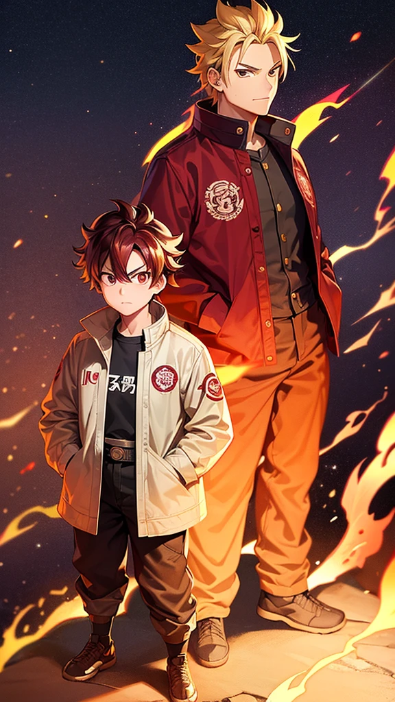 Male, Rengoku clan, wearing pilot goggles and barnstormer jacket with flame design, light stubble on chin, standing at attention, hands in pockets, fully in frame, full body shot, facing viewer, lone figure, sole person, Demon Slayer style