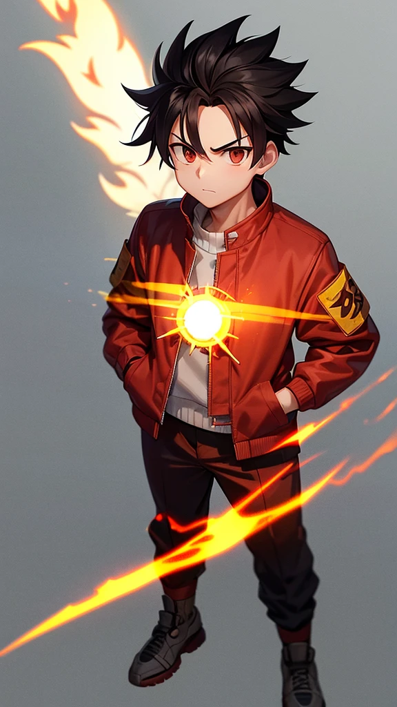 Male, Rengoku clan, wearing pilot goggles and barnstormer jacket with flame design, light stubble on chin, standing at attention, hands in pockets, fully in frame, full body shot, facing viewer, lone figure, sole person, Demon Slayer style