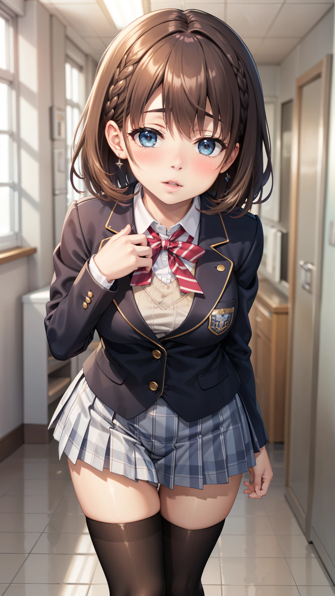 imminent kiss, kiss pov, One girl, Natural light, masterpiece, Very detailed, figure, Game CG, Absurd, high quality, Ai-chan, Large Breasts, blue eyes, Beautiful attention to detail, Short brown hair, Side braid, School, blazer, Checked mini skirt, Thigh-high socks, School hallway