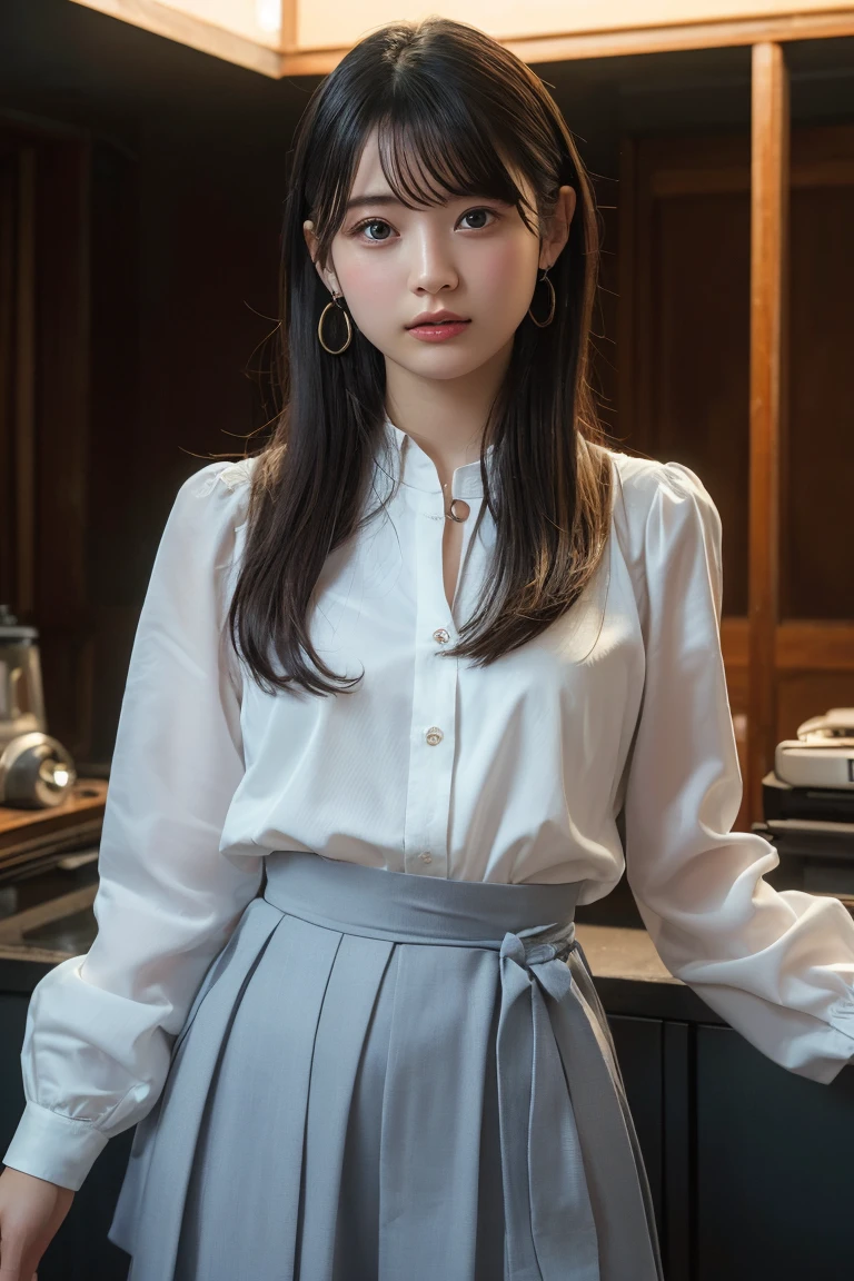 (Highest quality:1.4)，(masterpiece:1.4)，(Realistic:1.4)，(Realistic:1.2)，(超High resolution， RAW Photos:1.4)，(High resolution， Ultra-detailed:1.2)，(8K:1.2)，View your viewers，Cinematic photography，One girl，Skeletally correct fingers，Black-haired woman，(Small earrings，necklace，A dress that fits the body line，Long flared skirt，View from the front)，（Western-style building interior，Dimly lit room，The lamplight shines on my cheeks）