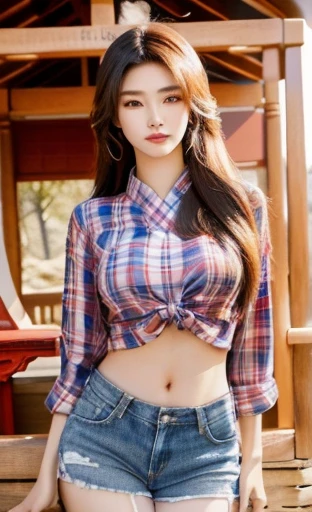 The Araffe woman wore a red and blue plaid T-shirt., ผู้หญิงlong hairชาวเอเชียตะวันออกเฉียงใต้ที่มีใบหน้ากลม, Large bust measures 38 inches., Warm light, morning sun, long hair,black eyes,abdominal muscles, (digital painting, HDR, high contrast), 3d, 8K, 45,000,000 pixcls, Gorgeous Chinese model, Japanese model, beautiful asian woman, Japanese goddess, beautiful female model, jaw-dropping beauty, Attractive face and body