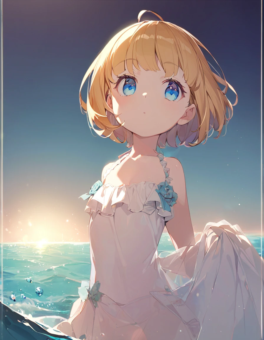 A cute girl in a swimsuit（original bikini swimsuit）(Small body) (:1.5), (blonde:1.5）(eyelash:1.2)(eye shadow:1.3) (Blue eyes:1.5), (Beautiful fine details:1.4) (Short Bob Hair:1.4), (Blue eyes)(Big Breasts:1.3) (White skin:1.2)Height: 130cm, original character,