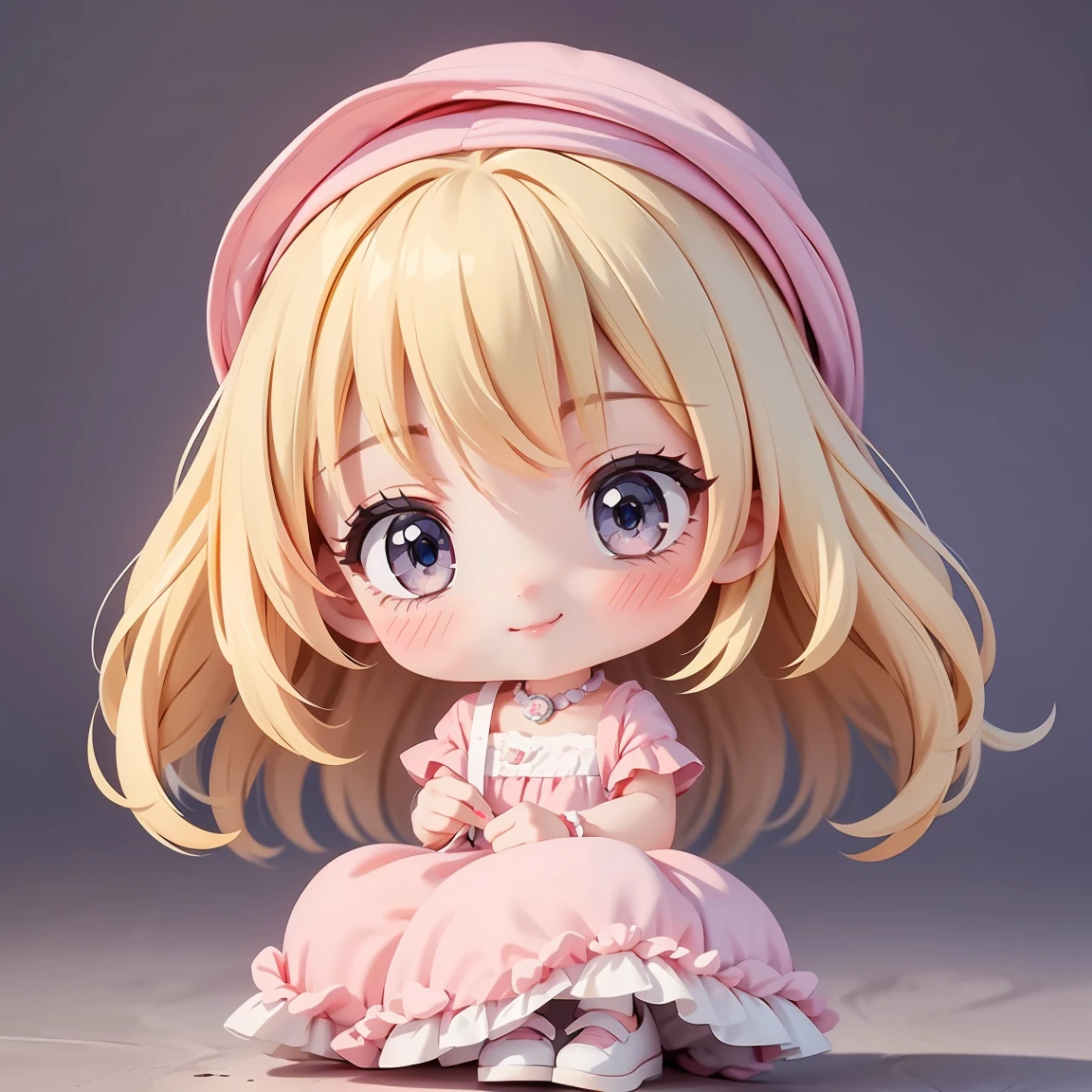 Super Chibi Character:1.8、Wearing cute shoes、The gaze is looking at us、background:simple、Blonde Hair、Cute 7 girl、pink cinderella dress、smile:1.5、Are sleeping、Sleepy face