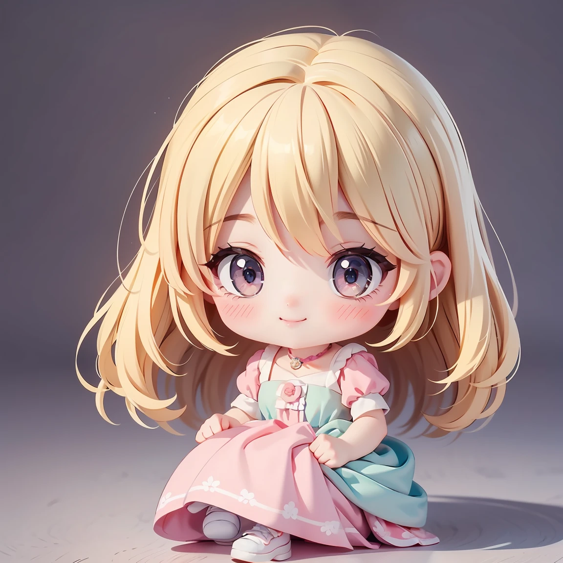Super Chibi Character:1.8、Wearing cute shoes、The gaze is looking at us、background:simple、Blonde Hair、Cute 7 year old girl、pink cinderella dress、smile:1.5、Are sleeping、Sleepy face