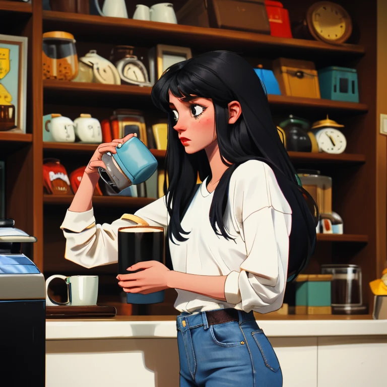 ((best qualityer)) Beautiful woman , drinking coffee from a mug, white shirt, jeans, cartoon-like, charming woman, black hair