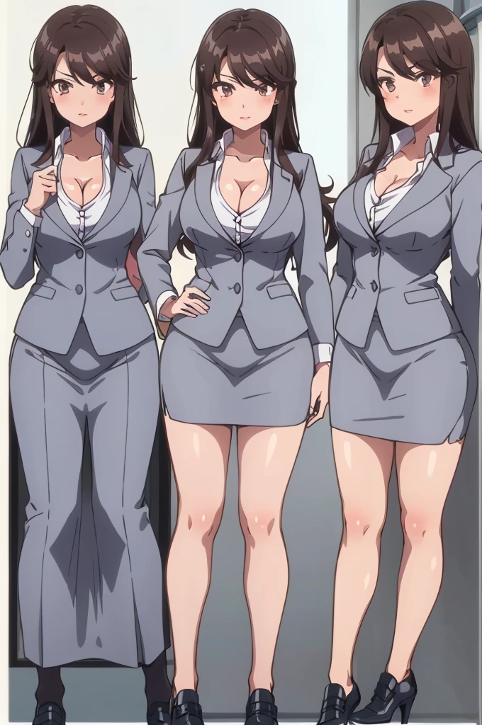 (Multiple Views:1.5),from behind,from_front,(White Background:1.3),(whole body:1.4),Arms at your sides,
雷土å å,One girl,alone,lips,Long Hair,Brown Hair,Brown eyes,bangs,Mature Woman,Cleavage,Long sleeve,Collared shirt,White shirt,Pencil Skirt,Skirt Suit,Grey Skirt,office lady,, Amazing visuals, High resolution,masterpiece,Highest quality,, Amazing visuals,High resolution,masterpiece,Highest quality,18-year-old,young woman,Beautiful fingers,Beautiful long legs,Beautiful body,Beautiful character design,White panties,