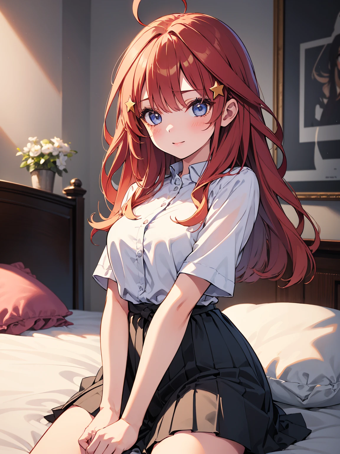 Very detailed, highest quality, masterpiece, gravure body type, medium breasts, moody angle, cowboy shot,( 1girl, solo:1.5), aaitsuki, long hair, ahoge, star hair ornament,( Date, Date outfits, casual), skirt, happy, very detailed background, bedroom, on the bed, pillow