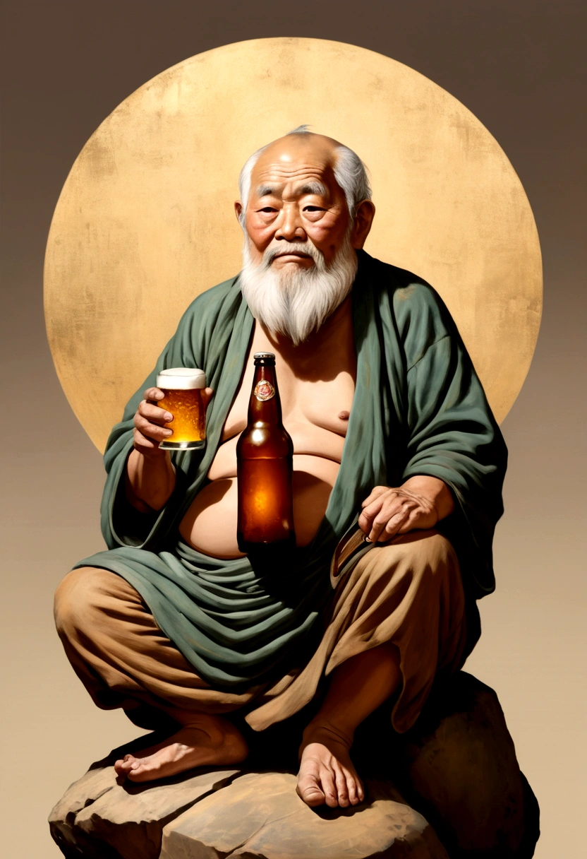 Ancient painting of a person sitting on a stone,Beer bottle in hand, An old man, Chiba Yudai,(The big bare belly)Solid color background
