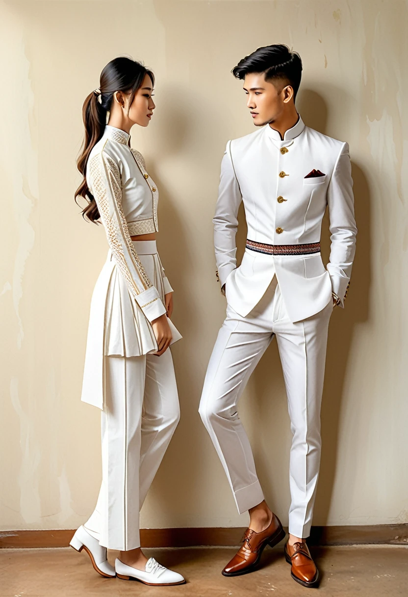 candid fashion illustration of two young man and women, 20-27 year old, adorned in a meticulously crafted North Thai traditional outfits, Lampang, ((showcase fashion Lanna style in cotton handwoven all in white)), simple elegant style, The man wears a simple long-sleeved white mandarin collar suit, paired with Tailor pants, and oxford shoes, The woman complements him with ((white tubular skirt)), ankle-length,  simple minimal patterns details, fitted intricately decorated blouse that complements the skirt, standing pose, Captured in full-body image, ((imperfect water color background)), sketching, realistic drawing, imperfect water color painting, fashion look book, fashion illustrator, sketch design,