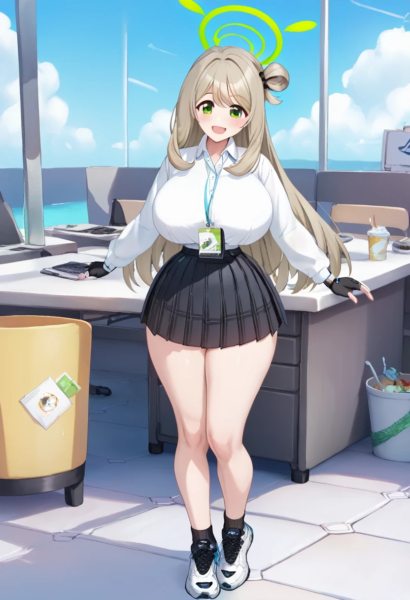 1girl, solo, masterpiece, best quality, detailed, narrow waist, wide hips, huge breasts, huge ass, score_9, score_8_up, score_7_up, nonomi-default, smile, nonomi \(blue archive\), green eyes,brown hair,long hair,single hair ring,halo,(white shirt:1.3),pleated skirt,fingerless gloves,sneakers