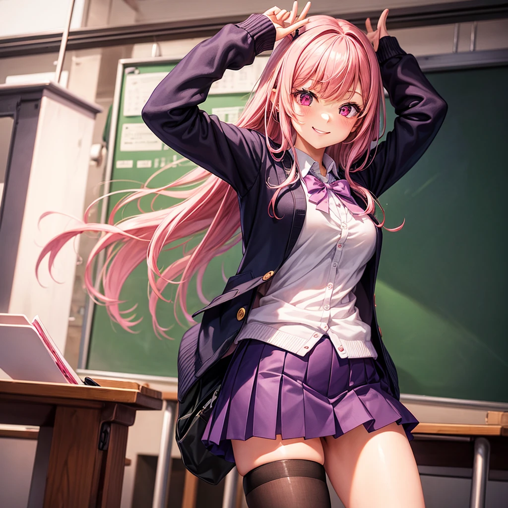 Best Quality, girls,8K,smile,Red eyes,Pink hair color,Sparkling eyes,cardigan,Purple Uniform,classroom, front of the blackboard,beautiful girl,blazer,Beautiful girls,Absurd,Naughty Girls,White mini skirt,tights,Horny girl,Red ribbon