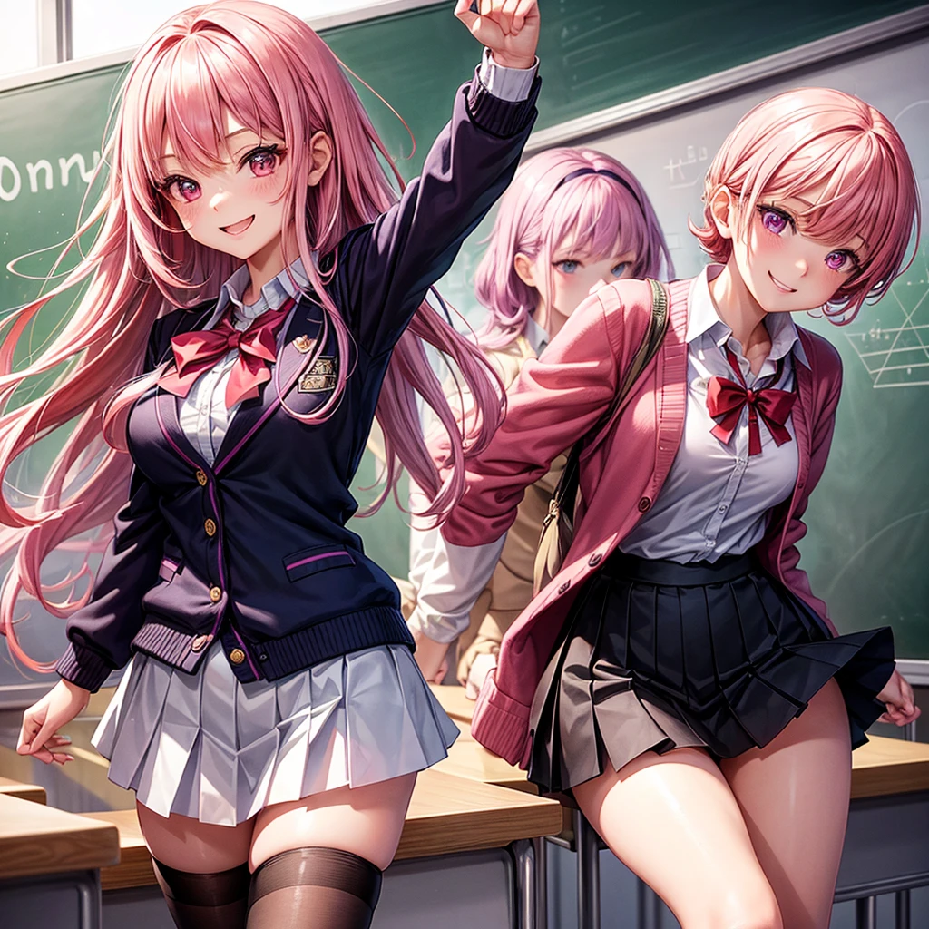 Best Quality,middle School girls,8K,smile,Red eyes,Pink hair color,Sparkling eyes,cardigan,Purple Uniform,classroom, front of the blackboard,beautiful girl,blazer,Beautiful girls,Absurd,Naughty Girls,White mini skirt,tights,Horny girl,Red ribbon