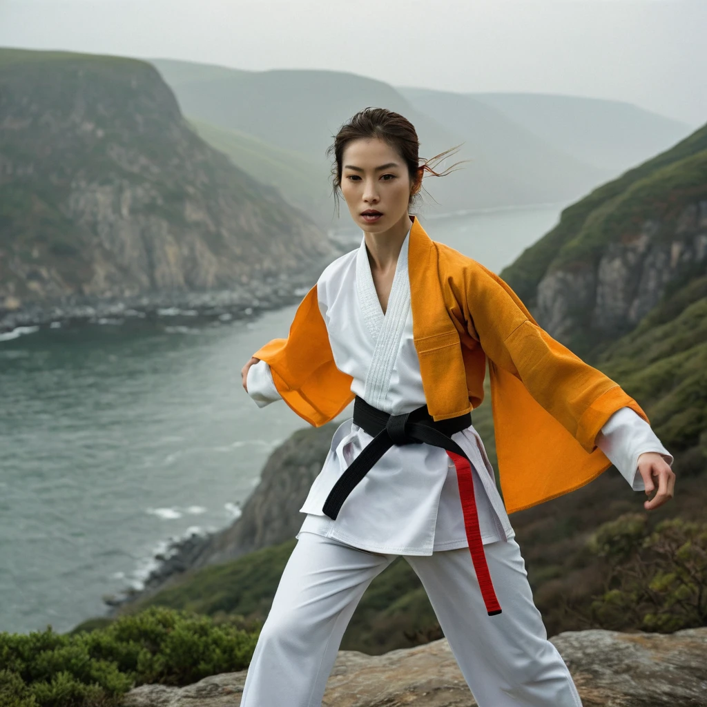 Quite a bit body of a beautiful face taekwondo Korean girls on ‘cliff’ still from the film, (Anne Hathaway look alike face: 0.7), in the style of foggy valley, fighting practice photography, tangerine and fossil grey, burne-jones, photorealistic urban scenes, luminosity of water, Leica SL3, Summicron-SL 75 f/2 ASPH, MyHeart 200 film, bare shoulder, monk cloth, dynamic action pose,