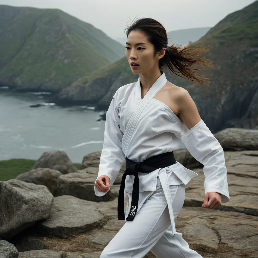 Quite a bit body of a beautiful face taekwondo Korean girls on ‘cliff’ still from the film, (Anne Hathaway look alike face: 0.7), in the style of foggy valley, fighting practice photography, tangerine and fossil grey, burne-jones, photorealistic urban scenes, luminosity of water, Leica SL3, Summicron-SL 75 f/2 ASPH, MyHeart 200 film, bare shoulder, monk cloth, dynamic action pose,