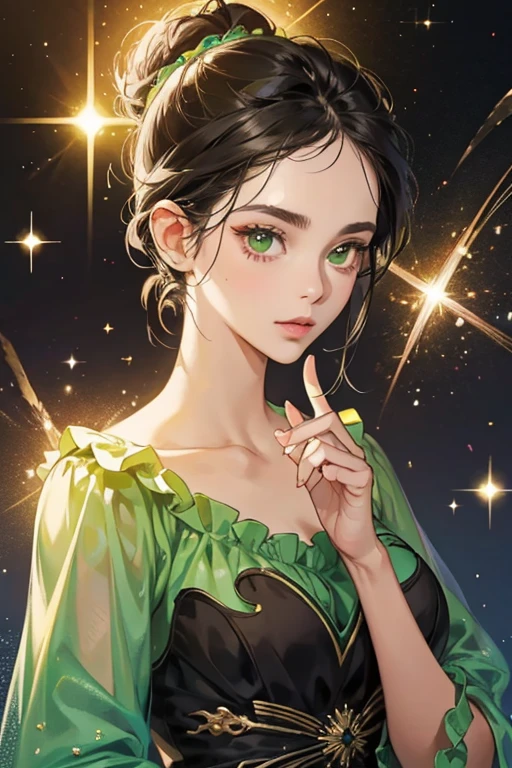 La Mariquita is a woman with medium height. She has dark brown skin with black hair wrapped in a bun and green eyes. SPARKLE; GLITTER