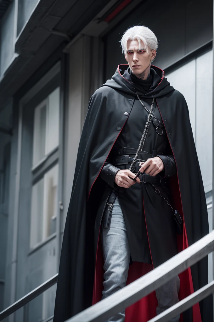 A tall man, good at fighting, a member of a street gang,white hair red eye ,cold and calculist,with a black cloak