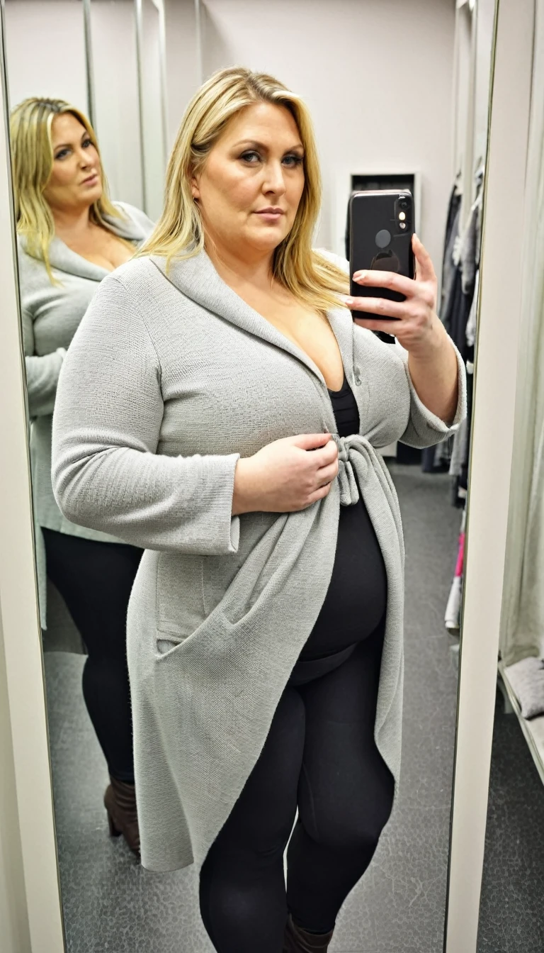 Fat woman, 40 years old white Caucasian woman, taking a mirror selfie inside changing room, MILF, long straight blonde hair, serious, chubby, bbw, casual, winter, cold, cleavage
