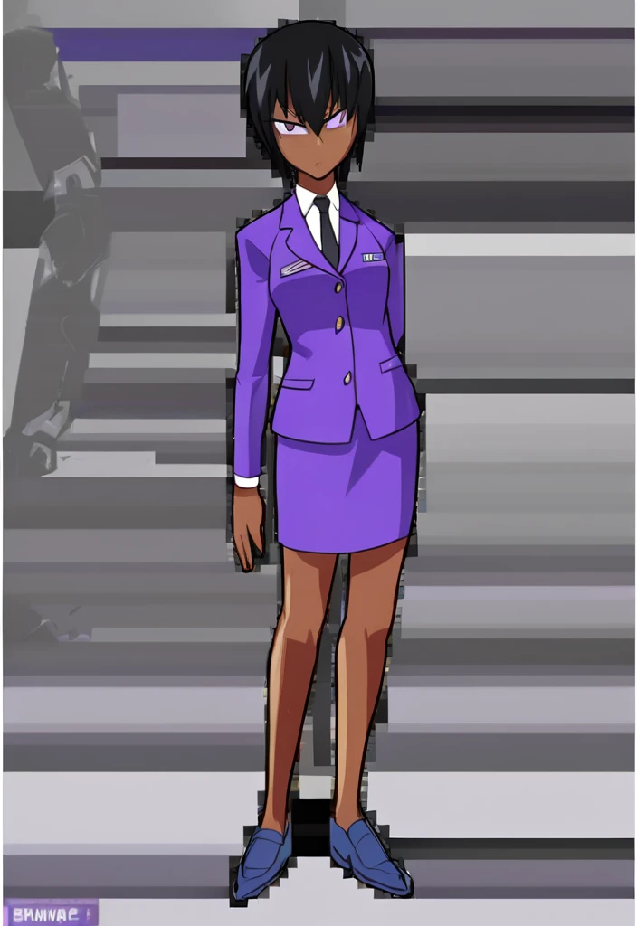 Make a evil military black anime woman in a purple skirt suit witha tie on full body