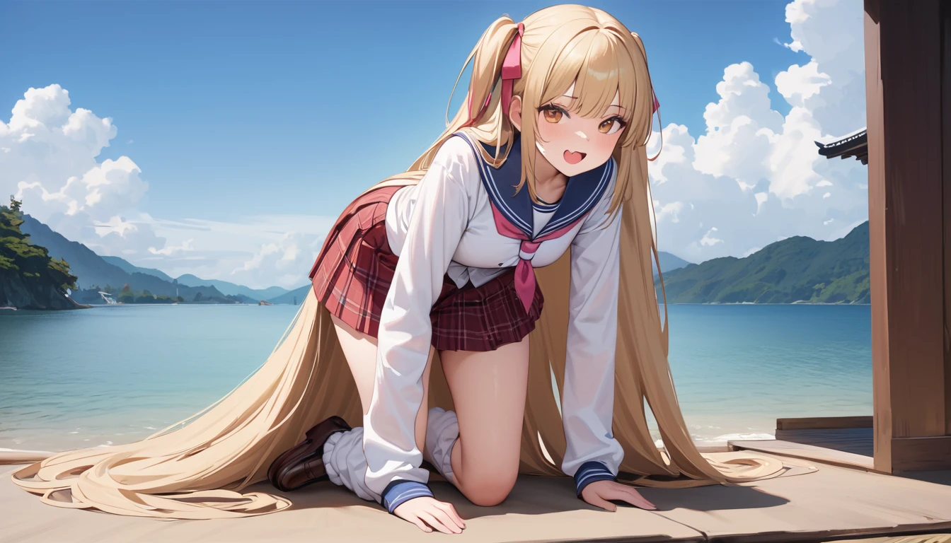 足を組んで床にSittingアニメの　Masterpiece quality high resolution、 Long white hair, Sitting，Bend your knees、Seaside，eight-headed body、Beautiful legs、As if looking from below、Embarrassing，