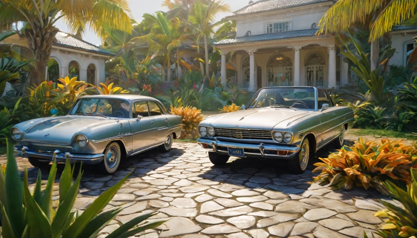 generates a silver car in the center of the image, overflowing with lighting around it, but dusty with the keys on the ground, in the background of the image there is a white and gold mansion just behind the car, with a fun landscape, cheerful colors In the landscape, fantastic realism, lustrous, ablaze colors, beaming colors, bright bold colors, acidwave, satin, ambient lighting, 3d modeling, ninja, tropical landscape design, high angle, full shot, leading lines photography, landscape photography, autodesk maya --chaos 25
