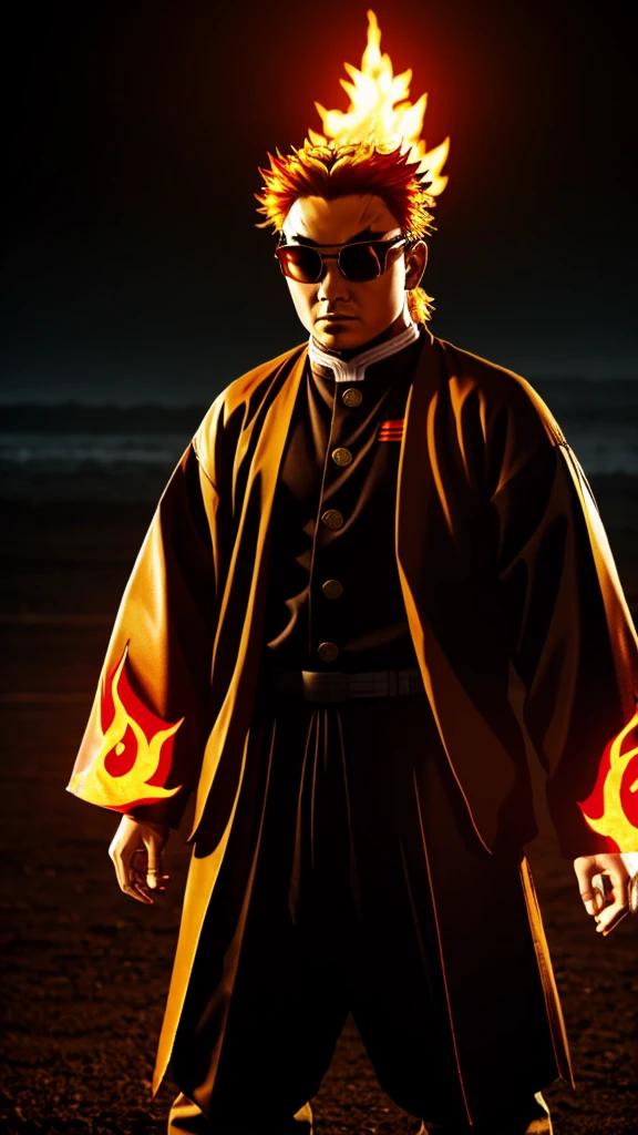Male, Rengoku clan, wearing pilot goggles and barnstormer jacket with flame design, light stubble on chin, standing at attention, hands in pockets, fully in frame, full body shot, facing viewer, lone figure, sole person, Demon Slayer style