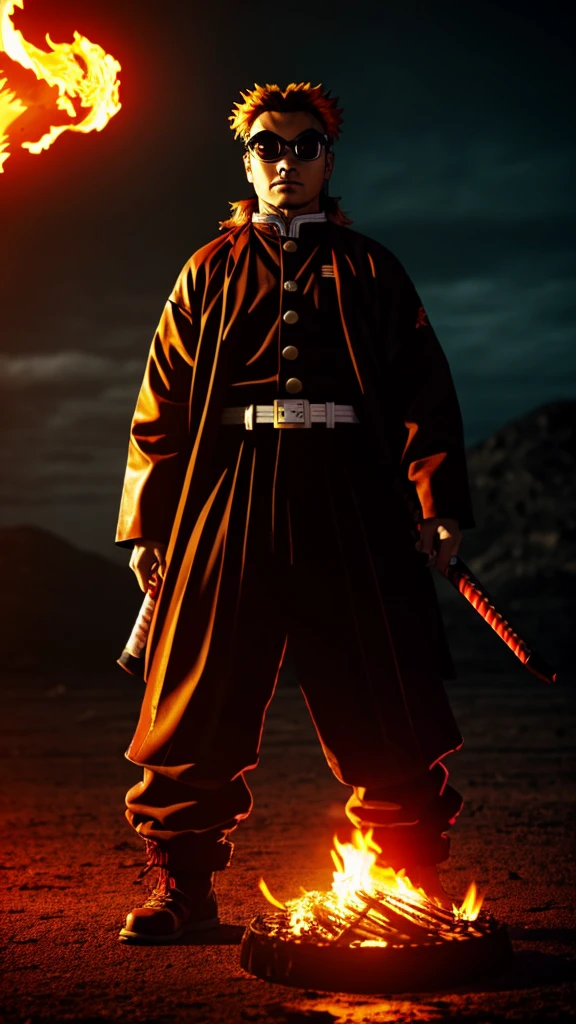 Male, Rengoku clan, wearing pilot goggles and barnstormer jacket with flame design, light stubble on chin, standing at attention, hands in pockets, fully in frame, full body shot, facing viewer, lone figure, sole person, Demon Slayer style