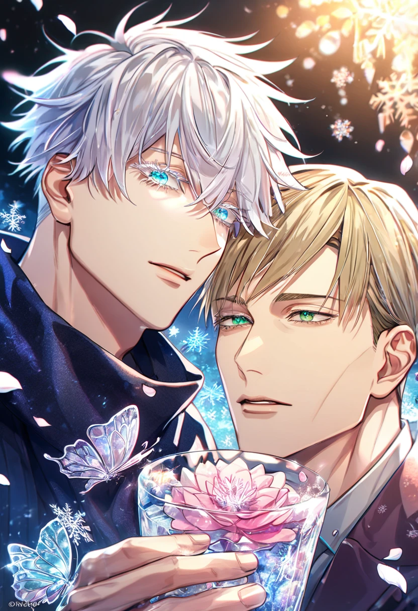 Ultra detailed, HDR, Highres, absurdres, master piece, Nanami Kento, blond hair, expressive green eyes, Gojou Satoru, white hair with bangs, expressive blue eyes, white eyelashes, Jujutsu Kaisen, two sexy man together, gay couple, yaoi, handsome, glass, ice glittering butterflies, ice, petals, pink ice glass flowers, cute, glittering, water, fantasy, magical, snowflakes, cold, glass