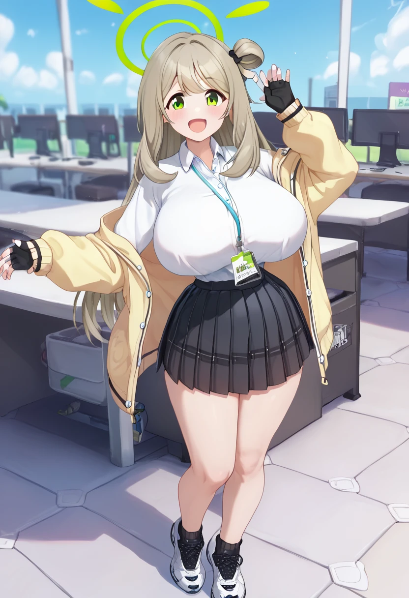 1girl, solo, masterpiece, best quality, detailed, narrow waist, wide hips, huge breasts, huge ass, score_9, score_8_up, score_7_up, nonomi-default, nonomi \(blue archive\), green eyes,brown hair,long hair,single hair ring,halo,yellow jacket,white shirt,pleated skirt,fingerless gloves,sneakers, smile