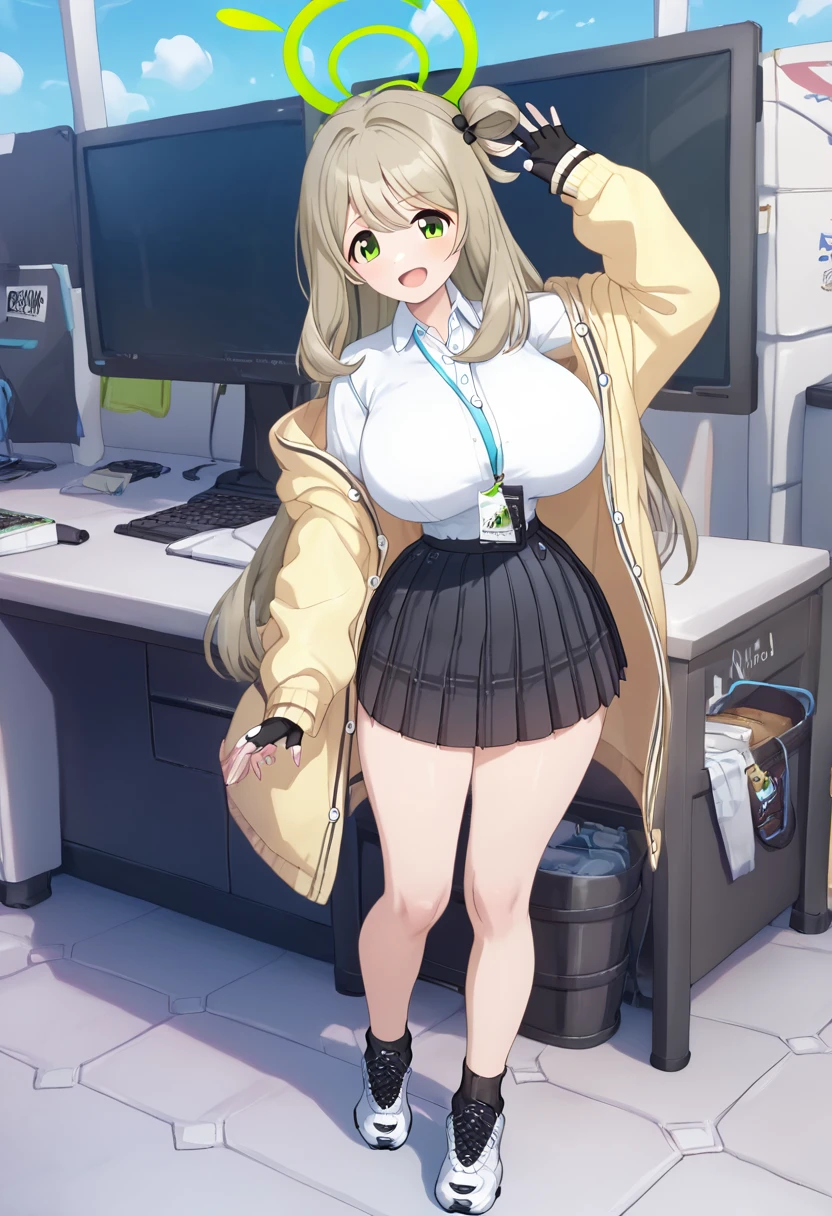 1girl, solo, masterpiece, best quality, detailed, narrow waist, wide hips, huge breasts, huge ass, score_9, score_8_up, score_7_up, nonomi-default, nonomi \(blue archive\), green eyes,brown hair,long hair,single hair ring,halo,yellow jacket,white shirt,pleated skirt,fingerless gloves,sneakers, smile