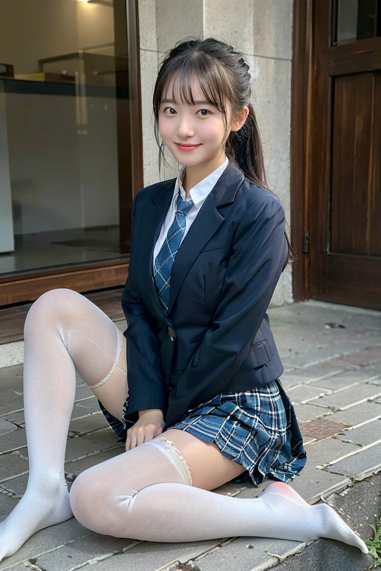 (8K), (highest quality: 1.2), (realistic), (realistic: 1.37), ultra high resolution, (1 girl、17 years old), cute, smile, closed mouth, beautiful details, beautiful nose, wet hair, giant dulcefo, pork, thighs，Self snap,High school Student Uniform,(A simple navy blue blazer),pleated skirt,(The skirt and tie are gray tartan check pattern....:1.3),(sitting:1), sit on the ground,(hug your feet:1),white pantyhose,from the front,knees、loafers、Low - Angle、From the front view、Checkered Pleated Skirt、Ponytail 1.2、Knee-high socks、barefoot、((Between the legs、Panties that fit the female genitals、White panties、膝を上げて、お尻を床に付けて座る))