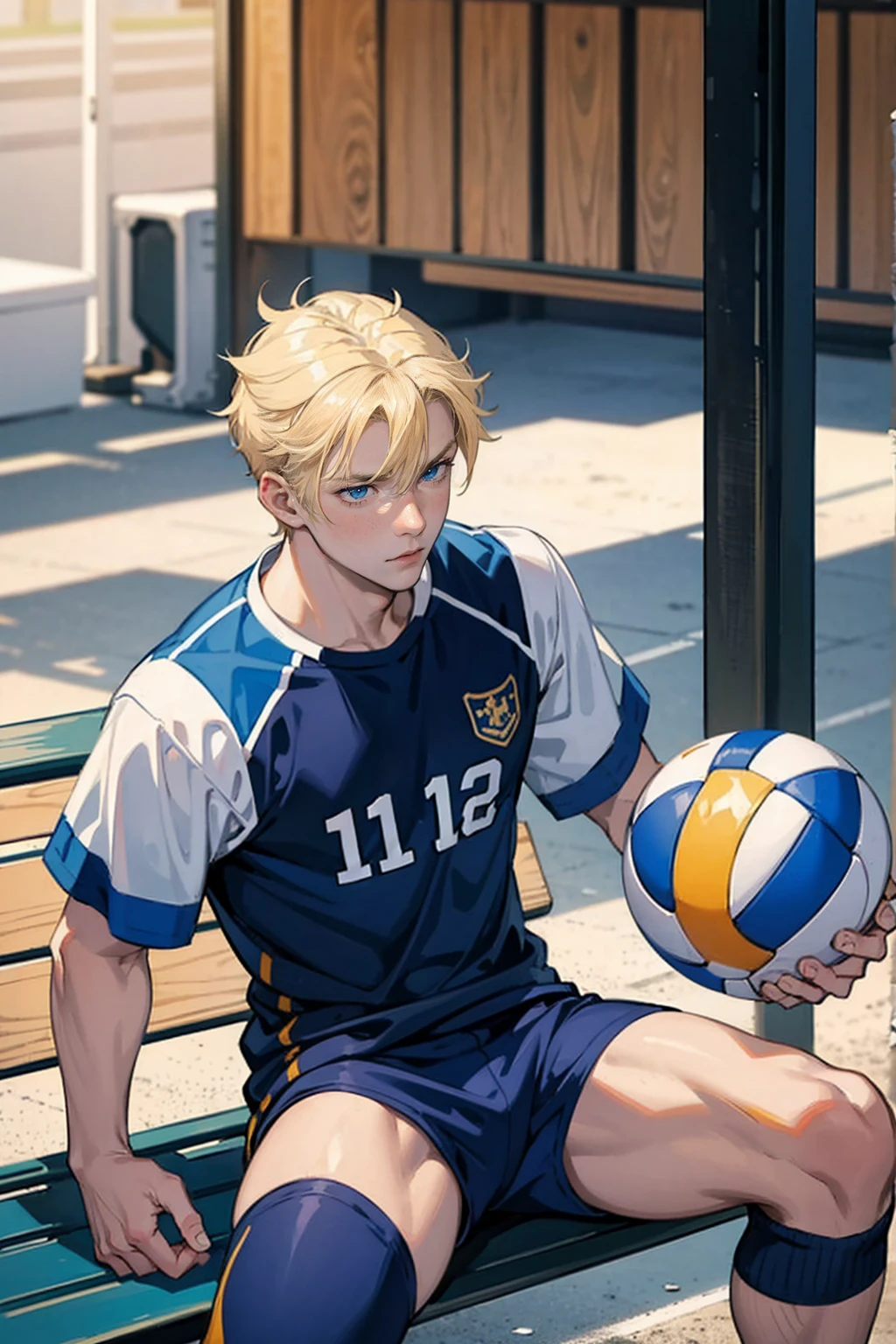 Blonde hair boy, detailed blue eyes, male face, serious look, muscular, wearing volleyball uniform, held a ball, sitting on a bench