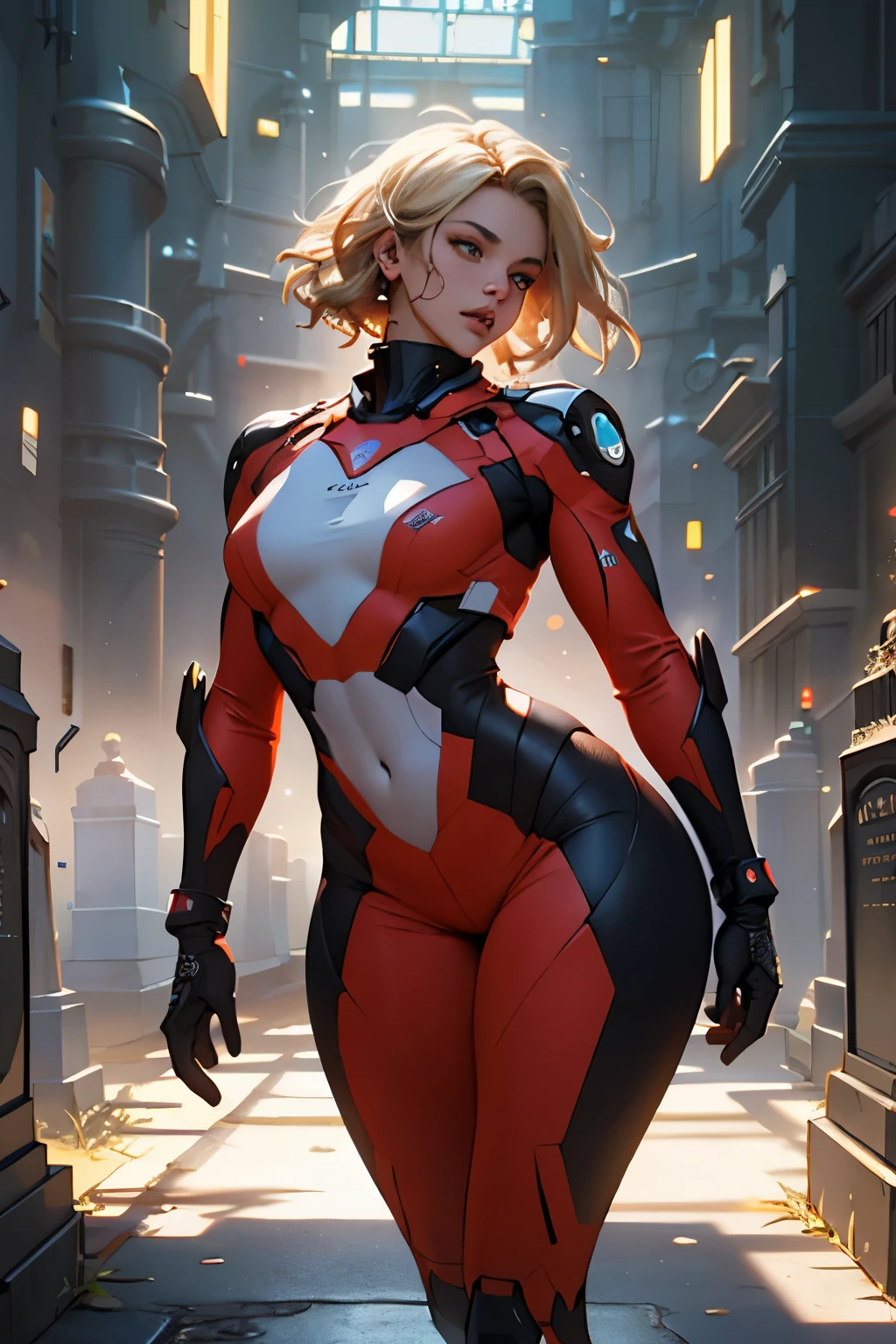 Very detailedRAWカラー写真, Beautiful young woman, Short blonde, Dynamic pose, (Wide Hips), (Detailed skin), (Detailed lips), (Fine grain), (universe: 1.4), (Cemetery: 1.1), (sci fi setting) (Detailed face), (Curvy), Red clothes, Fine grain, chromatic aberration, Depth of written boundary, Soft lighting, masterpiece, Highest quality, Complex, (Lens Reflection: 0.7), (flowering: 0.7), Particle Effects, Ray Tracing,  Tone Mapping, Very detailed, Concept Art, Smooth, Sharp focus, Dramatic lighting, Very detailed art, Cinematic, hyper-Realistic painting, Trending on Art Station, 8K, Great Shadows, Realistic, (Very detailed background: 1.2), Art on the road