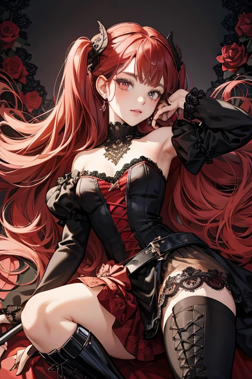 She wears a red dress with black spots and black lace. She has two rose-shaped accessories, one in her hair, and the other in the upper center of her dress below her neck. La Mariquita also wears knee-high black boots with brown shoelaces and red arm gloves with black spots and black lace. On her face is a red with five black spots that are in a symmetrical design. SPARKLE; GLITTER