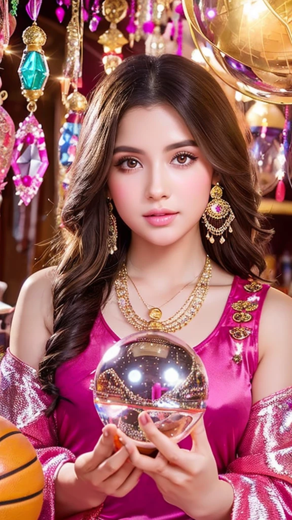 Beautiful gypsy woman tarot card fortune teller、young woman、Looking at me through a shiny crystal ball the size of a basketball、Cute pink outfit、looking at the camera、The background is a fortune-telling parlor