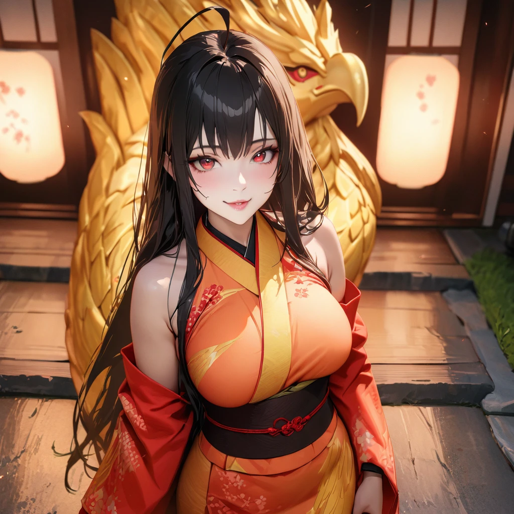 A woman wearing a long-sleeved orange kimono, large breasts, red details on the kimono, feathers red on the sleeves of the kimono, black hair, long hair, ahoge, mask with the face of a golden phoenix, bright red eyes, smiling, perfect face, Asian face, perfect lips, standing on a concrete sidewalk, in a Japanese garden, traditional Japanese stone lamps in the corner of the sidewalk,UHD, masterpiece, accurate, anatomically correct, textured skin, super detail, high quality, best quality, 8k, high resolution, bokeh effect. ( solo woman), realistic,