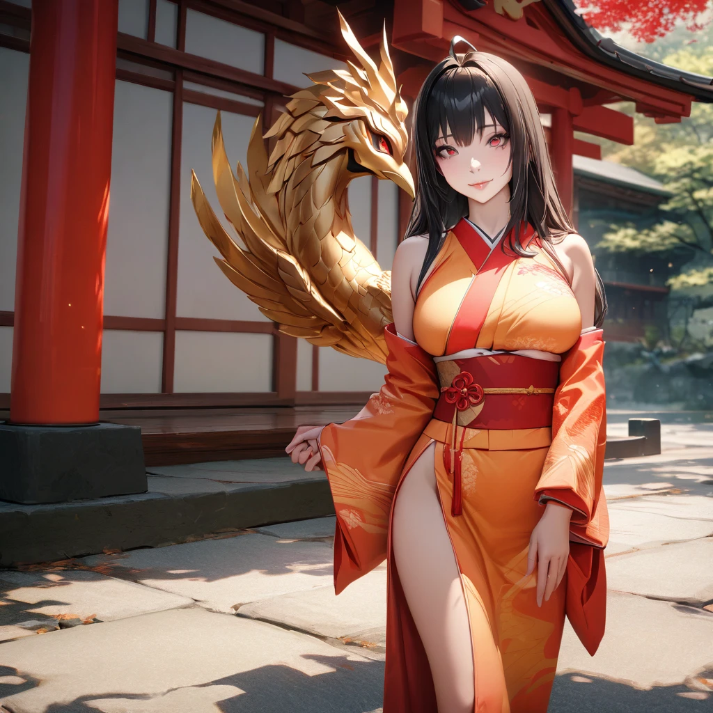 A woman wearing a long-sleeved orange kimono, large breasts, red details on the kimono, feathers red on the sleeves of the kimono, black hair, long hair, ahoge, mask with the face of a golden phoenix, bright red eyes, smiling, perfect face, Asian face, perfect lips, standing on a concrete sidewalk, in a Japanese garden, traditional Japanese stone lamps in the corner of the sidewalk,UHD, masterpiece, accurate, anatomically correct, textured skin, super detail, high quality, best quality, 8k, high resolution, bokeh effect. ( solo woman), realistic,
