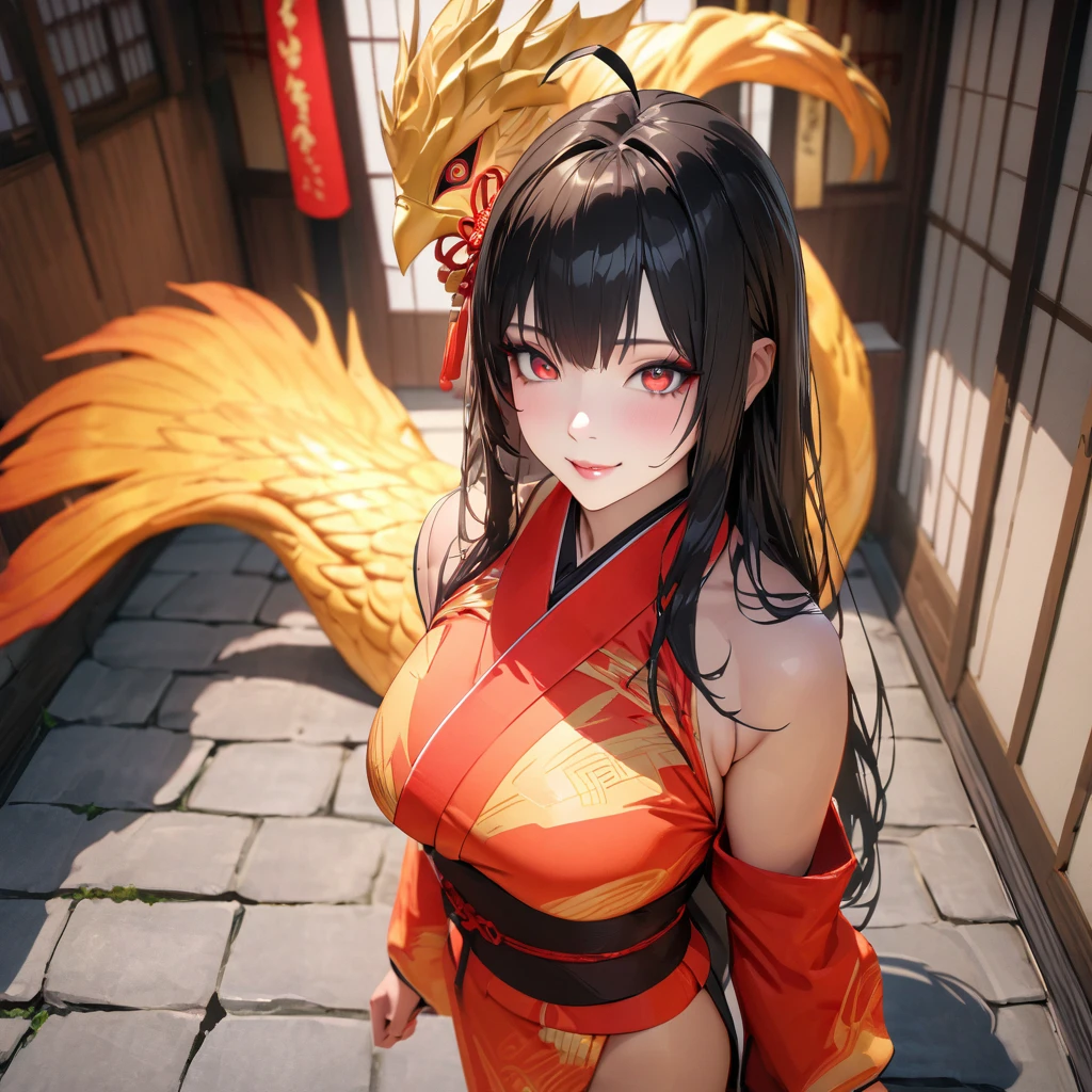 A woman wearing a long-sleeved orange kimono, exposed shoulder, exposed neck, large breasts, red details on the kimono, feathers red on the sleeves of the kimono, black hair, long hair, ahoge, mask with the face of a golden phoenix, bright red eyes, smiling, perfect face, Asian face, perfect lips, standing on a concrete sidewalk, in a Japanese garden, traditional Japanese stone lamps in the corner of the sidewalk,UHD, masterpiece, accurate, anatomically correct, textured skin, super detail, high quality, best quality, 8k, high resolution, bokeh effect. ( solo woman), realistic,