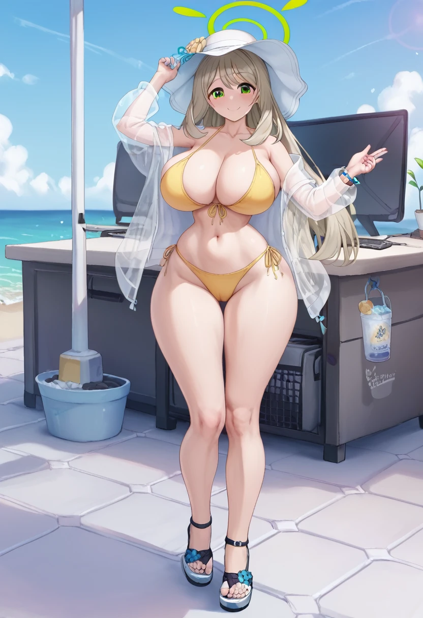 1girl, solo, masterpiece, best quality, detailed, narrow waist, wide hips, huge breasts, huge ass, score_9, score_8_up, score_7_up, nonomi-swim, smile, nonomi \(blue archive\), green eyes,brown hair,long hair,halo,sun hat,hat flower,see-through jacket,yellow bikini,sandals,