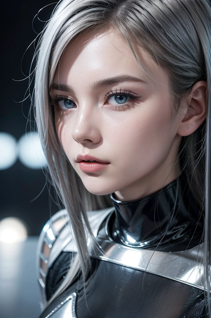 name: Luna Silver Age: 19 years old Physical Description:
-Hair: Silver and short, with a modern and asymmetrical cut.
- Eyes:  Intense blues, that shine with a touch of mystery.
- Height: 1,65 meters.
- Weight: 39 kg.
- First: Clear with a slight pearlescent shine.
- Style: Stylish and contemporary, with a touch of futurism