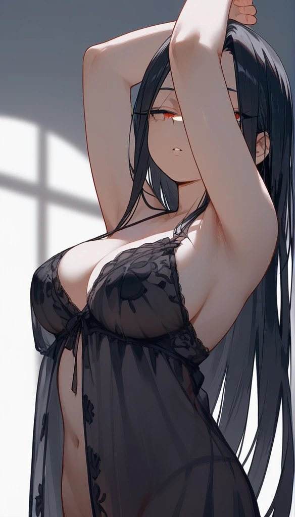 masterpiece, Score_9, Score_8_up, Score_7_up, rear view, 1 woman, alone, black hair, long hair, parted bangs, Dark red eyes, half-closed eyes, parted lips, expressionless, pale skin, large breasts, upper body, Black nightgown with transparent V-neckline, long split bangs, with a mole below the mouth, Boku no Hero academia