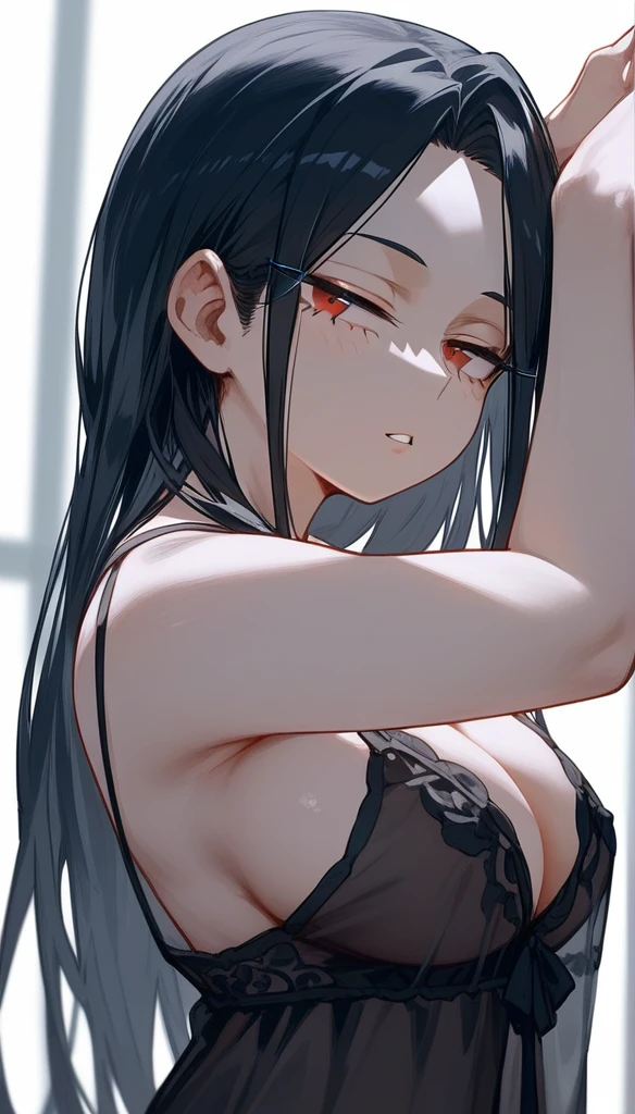 masterpiece, Score_9, Score_8_up, Score_7_up, rear view, 1 woman, alone, black hair, long hair, parted bangs, Dark red  eyes, half-closed eyes, parted lips, expressionless, pale skin, large breasts, upper body, Black nightgown with transparent V-neckline, long split bangs, with a mole below the mouth, Boku no Hero academia 